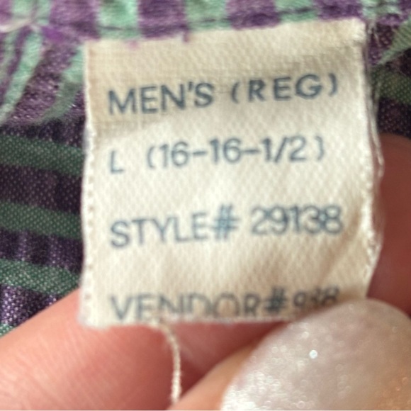 VTG LANDS’ END Men’s Purple and Green Striped Short Sleeve Button Down Shirt L - Picture 6 of 12